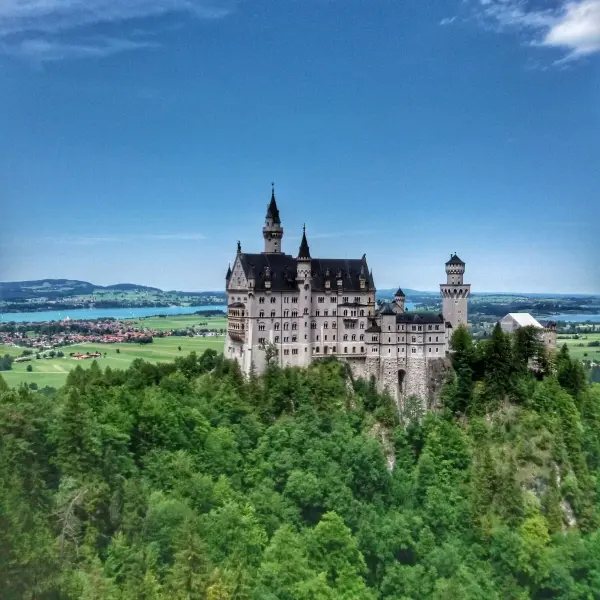 Eine beeindruckende Burg thront majestätisch auf einem Hügel, umgeben von grünen Wäldern und einer weiten Landschaft.