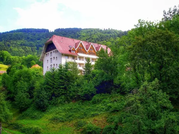 Ein hübsches Hotel steht umgeben von üppigem Grün, während die Berge im Hintergrund die idyllische Landschaft vervollständigen.
