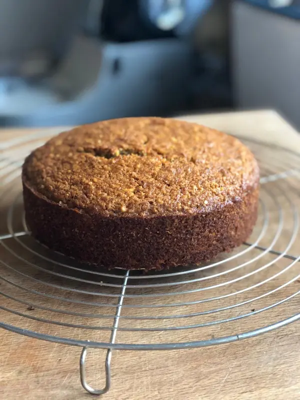 Ein frisch gebackener, saftiger Karottenkuchen steht auf einem Kuchengitter und kühlt in einer hellen Küche.