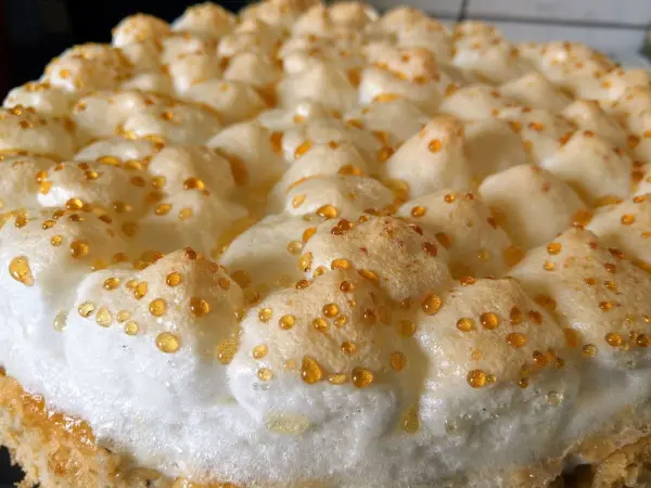Ein goldbräunlicher Stachelbeerkuchen mit Baiser-Oberfläche, frisch gebacken und auf einem Tisch präsentiert.
