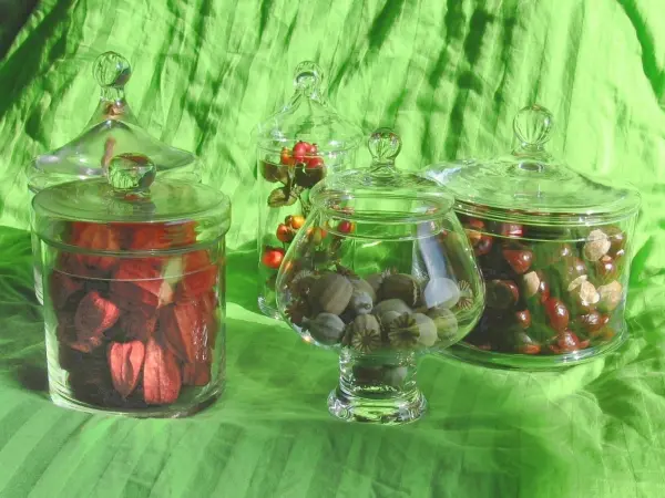 Dekorative Gläser mit herbstlichen Accessoires stehen auf einem grünen Tuch und bringen eine herbstliche Atmosphäre in den Raum.