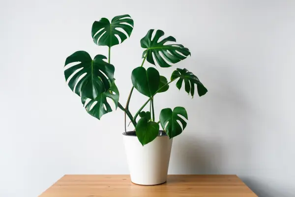 Eine Monstera-Pflanze steht in einem weißen Topf auf einem Holztablett und genießt das helle Licht im Raum.