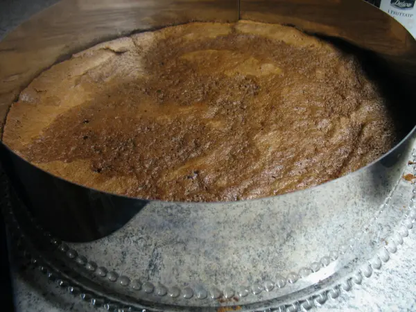 Eine runde Torte liegt in einer silbernen Backform auf einer glatten Oberfläche, bereit zum Dekorieren oder Servieren.