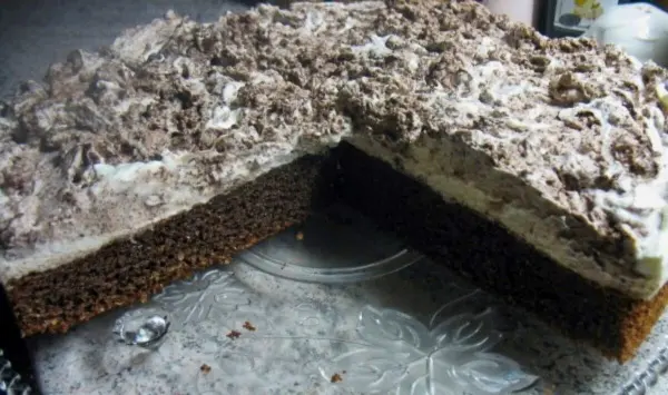 Eine schokoladige Torte mit sahniger, cremiger Oberfläche und dekorativem Schokoladen-Belag, auf einem eleganten Teller angerichtet.