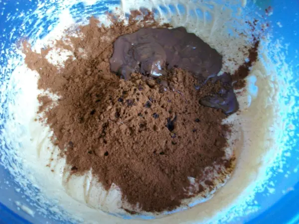 In einer blauen Schüssel vermischen sich cremiger Teig mit Schokolade und Kakaopulver, vorbereitet für Schoko-Zimtwaffeln.