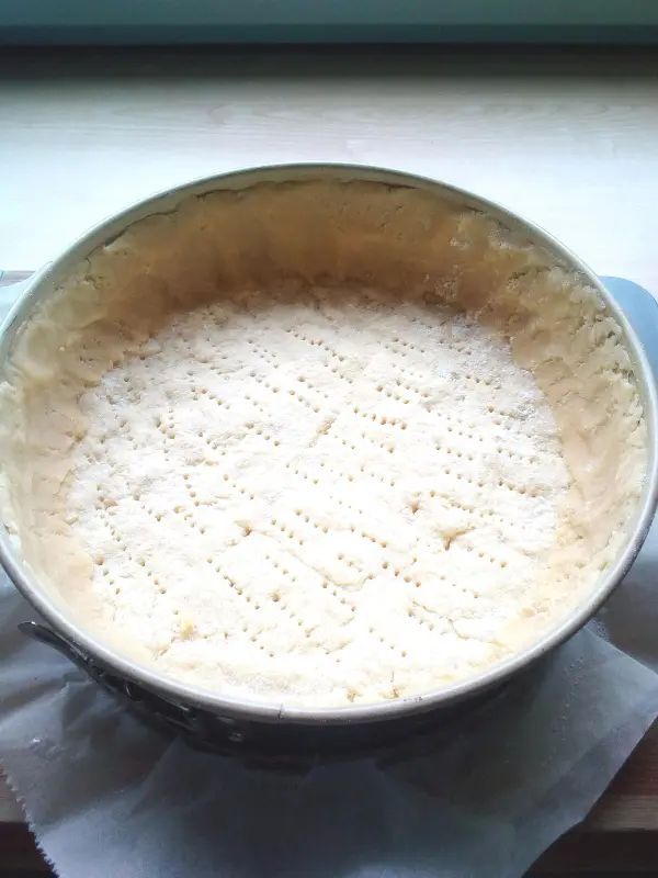 Ein runder Kuchenboden wartet unbefüllt in einer Springform, bereit für die Käse-Apfel-Kuchen-Zubereitung.