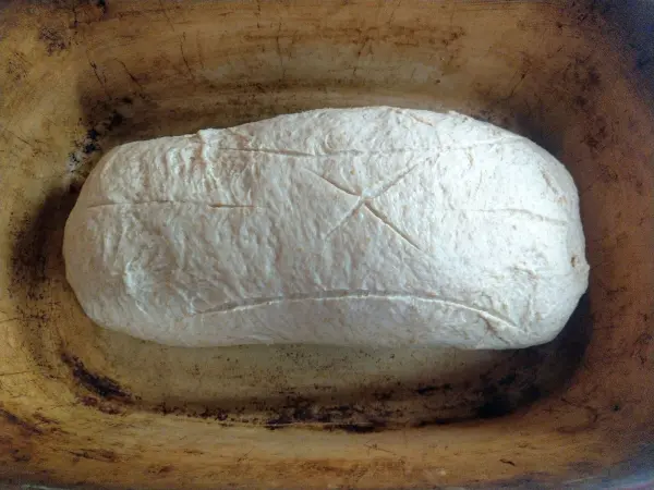 Ein frisch gebackenes Joghurt-Krüstchen mit Sesam ruht in einer rustikalen, gefärbten Backform.
