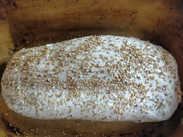 Ein Joghurt-Krüstchen, bedeckt mit Sesam, liegt in einer rustikalen Backform, bereit zum Backen.