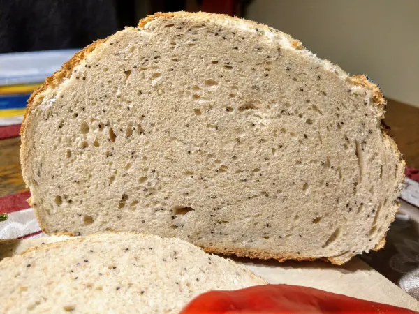 Schnitt eines Mohn-Dinkel-Brots liegt auf einem Tisch, umgeben von einem roten Paprika und einem karierten Tuch.