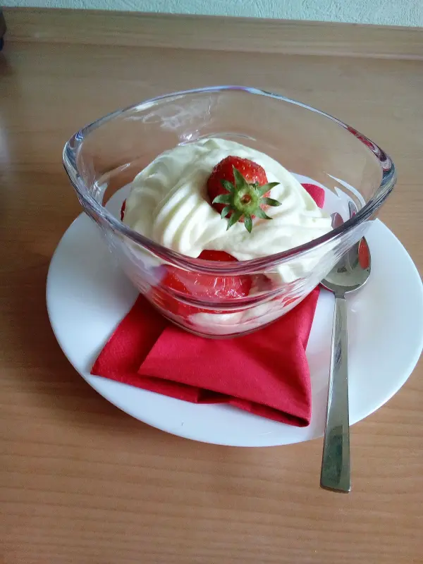 Ein Schüsselchen mit Vanille-Zitrus-Pudding, dekoriert mit Sahne und einer Erdbeere, steht auf einem Tisch.