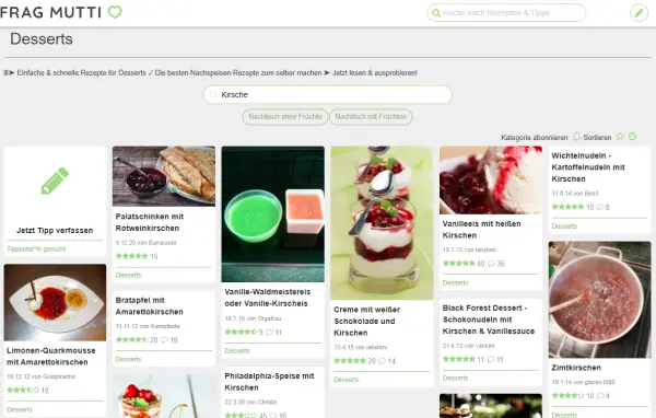 Du kannst beispielsweise die Kategorie &bdquo;Desserts&ldquo; nach &bdquo;Nachtischen mit Fr&uuml;chten&ldquo; und &bdquo;Nachtischen ohne Fr&uuml;chte&ldquo; filtern. Wenn du nach Desserts mit Kirschen suchst, kannst du einfach &bdquo;Kirsche&ldquo; in das Suchfeld eingeben.