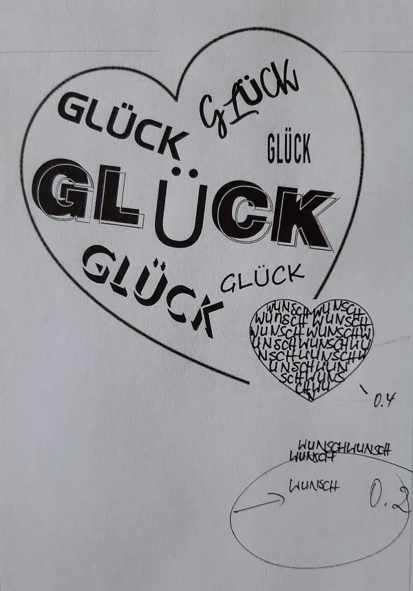 Ein großes Herz mit dem Wort "GLÜCK" in verschiedenen Schriftarten umgeben, ein kleineres Herz zeigt das Wort "WUNSCH".
