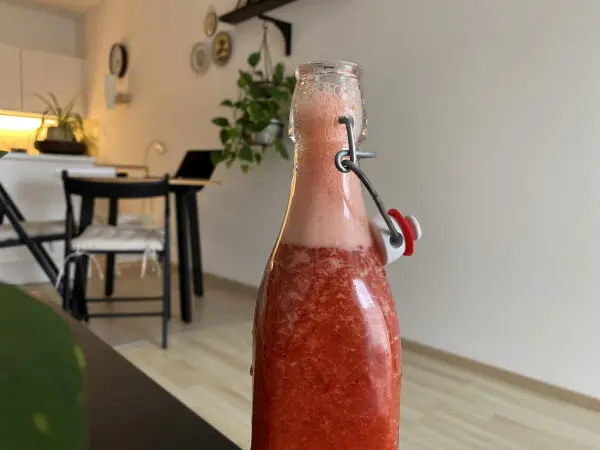 Eine Flasche mit Erdbeer-Limes steht sprudelnd auf einem Tisch, umgeben von einem modernen Wohnraum mit Pflanzen.
