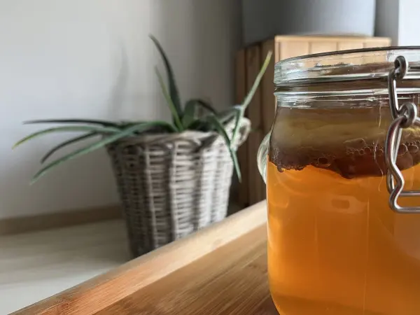 Ein Glas Kombucha steht auf einem hölzernen Tisch, während ein Pflanzenkorb im Hintergrund sichtbar ist.