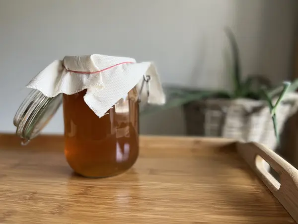 Ein Glas mit fermentiertem Tee-Getränk, abgedeckt mit einem Tuch, steht auf einem Tisch in einer hellen Umgebung.