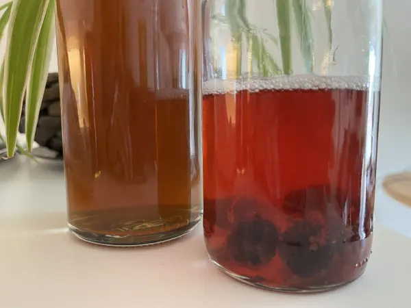 Ein Glas Kombucha mit fruchtiger Note steht neben einem weiteren Glas mit braunem Tee in einem hellen Raum.