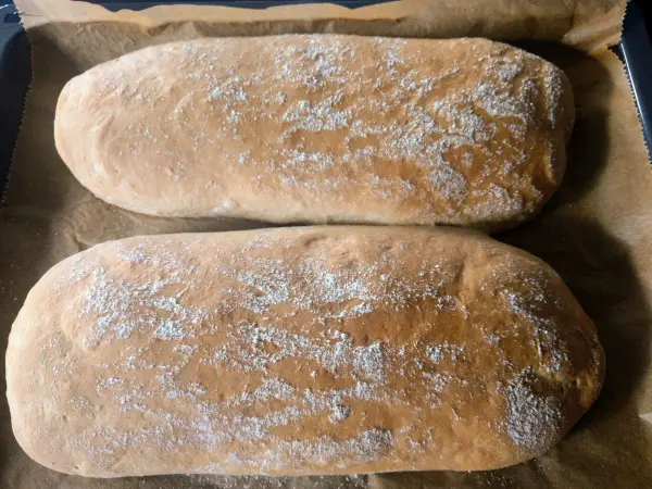 Zwei frisch gebackene Dinkel-Ciabatta-Brote auf Backpapier, goldbraun mit etwas Mehl bestäubt, liegen nebeneinander.