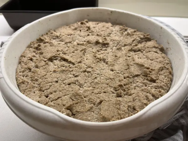 In einer weißen Schüssel steht ein aufgegangener Sauerteig aus Roggenvollkorn, umgeben von einer hellen Arbeitsfläche.