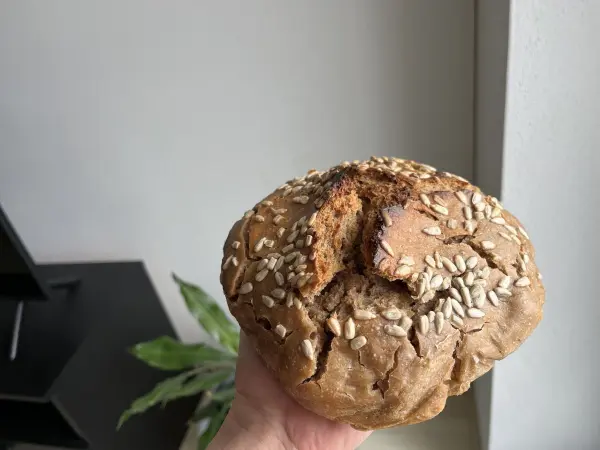Ein handgehaltenes, knuspriges Roggenvollkorn-Sauerteigbrot mit Saaten zeigt Risse und eine appetitliche Oberfläche.