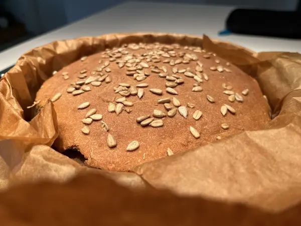Ein frisches, knuspriges Roggenvollkorn-Sauerteigbrot mit Sonnenblumenkernen liegt in braunem Papier.