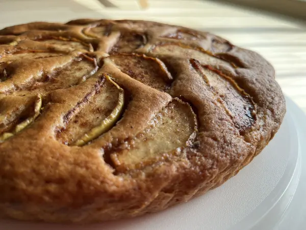 Saftiger Apfel-Joghurt-Kuchen liegt auf einem weißen Teller, gebacken mit dünnen Apfelscheiben und Zimt.