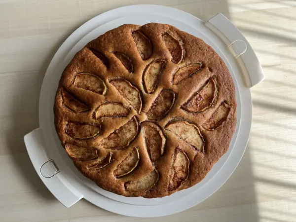 Ein runder Apfel-Joghurt-Kuchen mit Zimt liegt auf einem weißen Teller, dekoriert mit Äpfelscheiben, vor einem hellen Hintergrund.