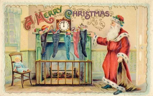 „Santa Claus“ heißt der Weihnachtsmann in den USA. Das kommt vom niederländischen „Sinterklaas“ – das wiederum von Nikolaus kommt. Niederländische Einwanderer haben nämlich den „Santa Claus“ nach Amerika mitgebracht. Und zwar lange vor Cola. Das Bild ist jedenfalls von 1900. 