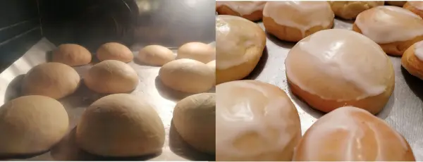 Runde, unglasierte Berliner backen im Ofen und frisch glasiert auf einem Blech, bereit zum Genießen.