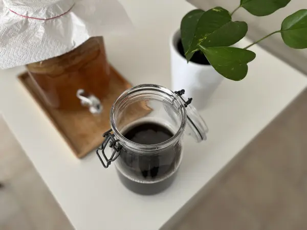 Ein Glas mit Kaffee-Kombucha steht auf einem weißen Tisch, umgeben von einer Pflanze und einem großen Glas mit SCOBY.