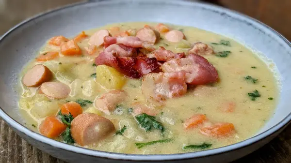 Ein cremiger Gemüseeintopf mit Wurst und Speck liegt in einer Schüssel, umgeben von einem rustikalen Holztisch.