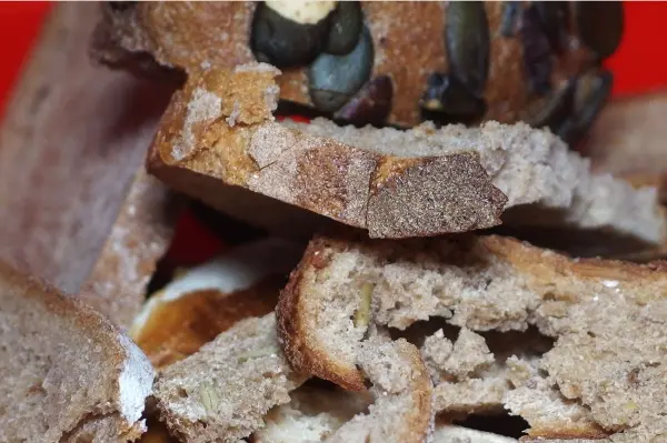 Trockenes Brot liegt auf einem roten Untergrund, zerbröselt und eignet sich als gesunde Hundesnack-Alternative.