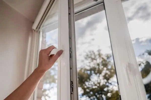 Eine Hand öffnet ein Fenster von innen an einem sonnigen Tag, um Beschlagen zu verhindern. Draußen sind Bäume zu sehen.