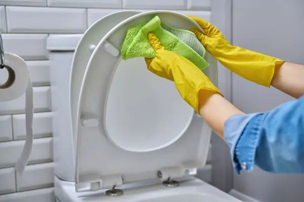 Hast du den Toilettensitz von oben geputzt, ist auch die Unterseite dran. Hier verstecken sich oft Verfärbungen wie Urinflecken.