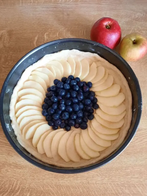 Die erste Schicht auf dem Mürbeteigboden ist gut zu erkennen, nämlich die in Spalten geschnittenen Äpfel und die Heidelbeeren.