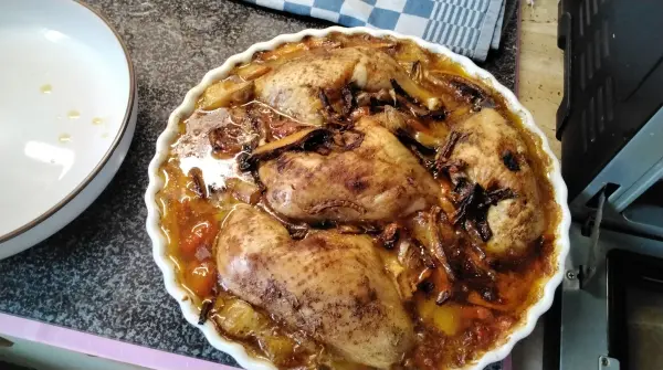 Und so kommen die Hähnchenschenkel mit Gemüse aus meinem Airfryer Ofen.
