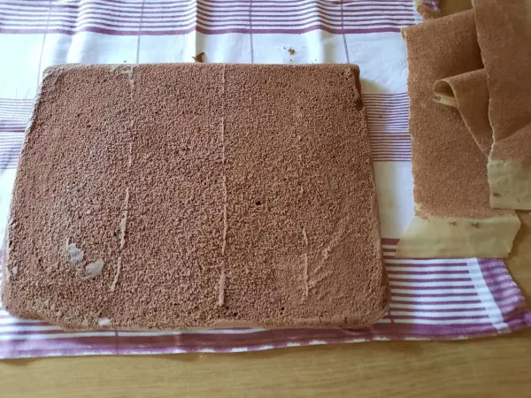 Zu sehen ist mein ausgerollter Biskuitboden bei dem soeben das Backpapier entfernt wurde. 