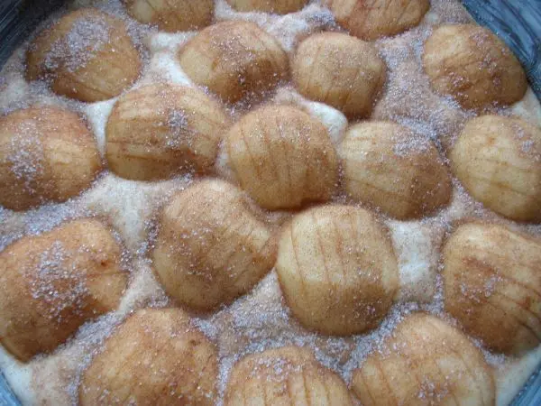 In den Rührteig werden nun die Apfelstücke gelegt, diese sinken dann ein wenig in den Teig.