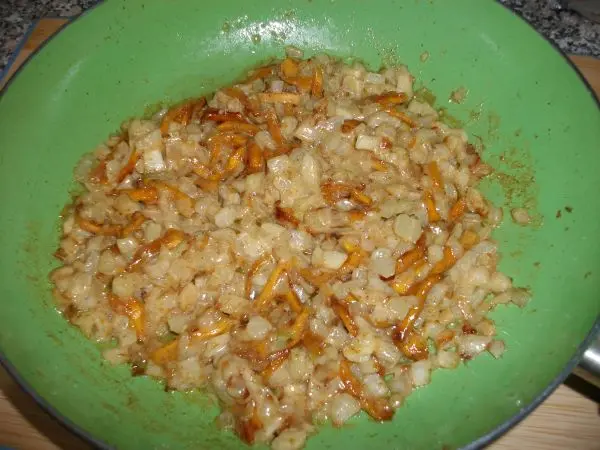 Fenchelgemüse für zwei Portionen: Fenchel, Zwiebel und Mango, abgeschmeckt mit Kardamom, Salz, Pfeffer, Honig, Koriander und Sahne.