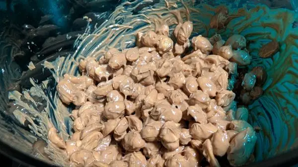 Erdnüsse in die geschmolzene Schokolade geben und gut miteinander vermengen. Erdnüsse in die geschmolzene Schokolade geben und gut miteinander vermengen.