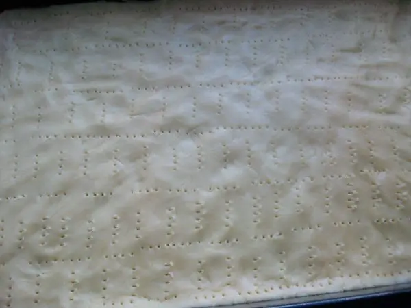 Nach der K&uuml;hlung, den Teig gleichm&auml;&szlig;ig auf einem Blech verteilen und mehrfach mit einer Gabel einstechen f&uuml;r ein gleichm&auml;&szlig;iges Backen.