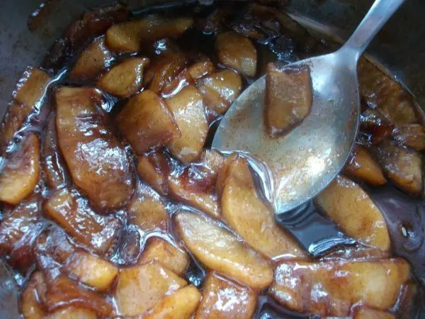 So schauen die fertigen, weichen und karamellisierten &Auml;pfel dann aus. Wie eine z&auml;he, klebrige Masse mit Apfelspalten.