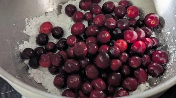 Eine Sch&uuml;ssel mit Puder-und Gew&uuml;rzzucker mischen. Cranberries hineingeben und mit Deckel schlie&szlig;en.