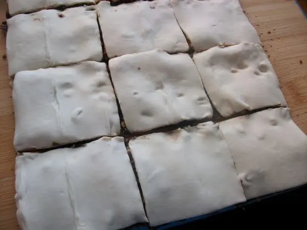 Dann kommt die zweite Hälfte Teig darauf und in 12 gleich große Stücke zuschneiden. Dann kommt die zweite Hälfte Teig darauf und in 12 gleich große Stücke zuschneiden.