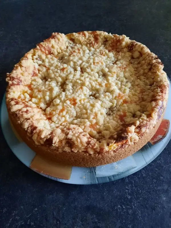 Helmuts Quark-Streusel-Kuchen ist fertig gebacken, er hat eine geniale Backfarbe bekommen.