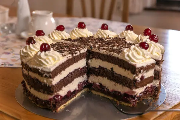 Eine Schwarzwälder Kirschtorte steht angeschnitten auf einem Tisch. Sie zeigt mehrere Schichten aus Schokolade, Sahne und Kirschen.