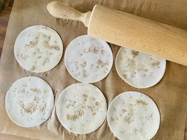Die Gyoza-Teigblätter werden mit Salz und Sesam bestreut und mit einem Nudelholz festgerollt. Die Gyoza-Teigblätter werden mit Salz und Sesam bestreut und mit einem Nudelholz festgerollt.
