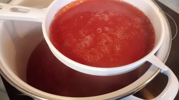 Den sehr feinen Brei lasse ich durch ein Haarsieb in einen noch gr&ouml;&szlig;eren 3-Liter-Topf laufen.