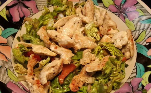 Saftiges Hähnchenfilet liegt auf einem bunten Salatbett, bereit für das Grillen in einer ansprechenden Schüssel.