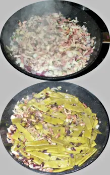 Entrecote überbacken und mit Speckbohnen