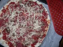 Pizzabelag: geriebene scharfe Knoblauchsalami (SUCUK)